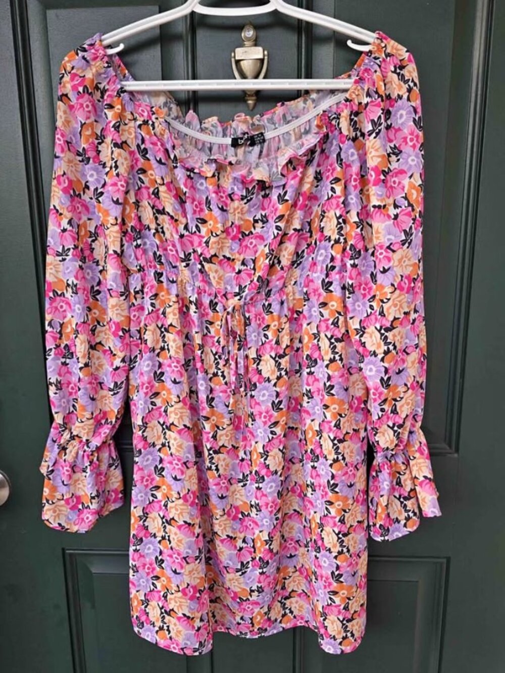 Boohoo Womens US 10 Floral Off The Shoulder Long Flare Sleeve Mini Dress Pink Or
